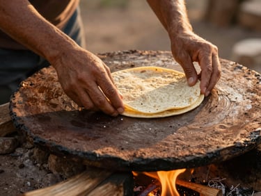 Hands preparing traditional corn tortillas on a clay comal over a soft wood fire, warm golden-hour light, rich textures.