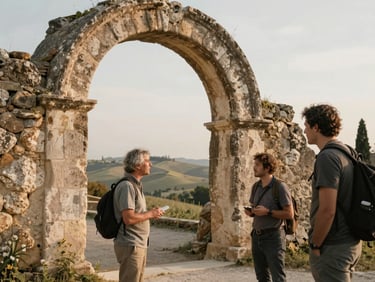 Candid shot of a traveler speaking with an archaeologist near a weathered stone archway in Tuscany, soft overcast daylight, desaturated earth tones.