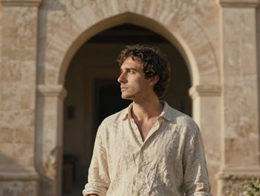 Portrait of a male historian in a linen shirt, looking thoughtfully at a historic arched doorway, soft natural daylight