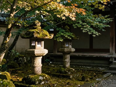 A quiet corner of a Japanese temple garden, mossy stone lantern, soft morning light filtering through maple leaves, desaturated green tones.