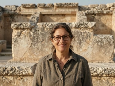 Portrait of a middle-aged female archaeologist with glasses, smiling warmly in front of weathered stone ruins, soft natural light