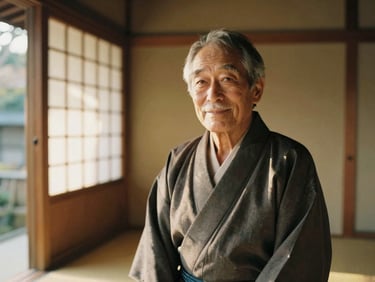 Portrait of an elderly Japanese man smiling gently, standing in a traditional wooden tea house, warm morning light