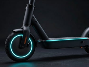 Low-angle close-up of a matte-black electric scooter chassis with glowing neon-cyan LED accents, dramatic rim lighting, deep obsidian background, 85mm lens