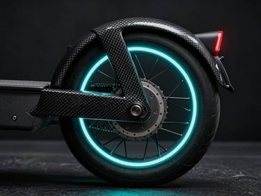 Sleek carbon fiber rear wheel and belt drive of an electric scooter, neon-cyan light reflecting on the rim, high-contrast cinematic style, 85mm lens