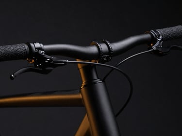 Macro detail of hand-stitched black leather handlebars on an electric bike, subtle electric-amber rim lighting, dark atmospheric studio setting, 85mm lens