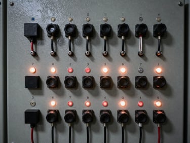Industrial control panel with wired connections and glowing indicator lights, gritty technical schematic feel, 35mm