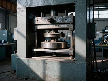 Heavy hydraulic press machine on a factory floor, cool steel tones, harsh directional shadows, 35mm