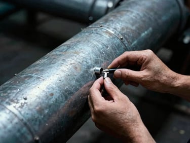 Close-up of hands installing a small telemetry sensor onto a massive iron pipe, high-contrast lighting, 35mm