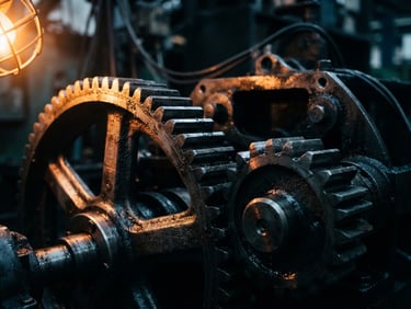 Close-up of a heavy mechanical gear assembly, sharp focus on steel teeth, cool industrial tones with high-contrast directional orange light, 35mm