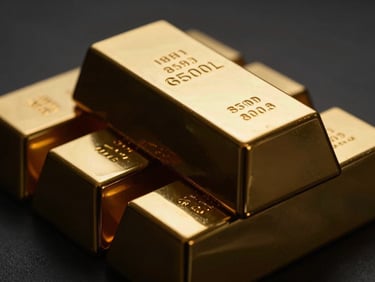 Close-up of a stack of polished gold bars glinting under dramatic low-key studio lighting, deep graphite shadows, macro lens.