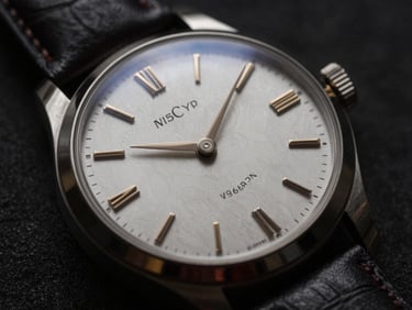 Close-up of a vintage luxury watch dial, intricate details, leather strap, moody lighting.