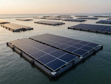 Low aerial framing of floating solar panels resting on pontoons over a coastal fish cage grid, golden hour light warming the panel surfaces, calm water reflecting the arrays below