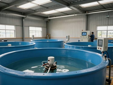 Wide interior shot of inland biofloc tank facility with circular blue tanks, visible aeration systems and sensor arrays mounted on tank walls, worker in background checking a control panel, natural daylight through roof panels