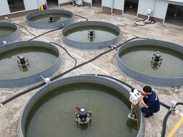 Overhead documentary shot of circular biofloc tanks arranged in a facility yard, sensor cables and piping visible, a technician crouching to inspect a control unit under overcast daylight