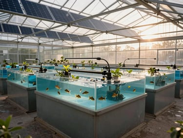 Wide-angle ground-level view of an aquaponic grow-bed system with fish tanks beneath, solar panels visible on the roofline above, warm morning light filtering through a greenhouse structure