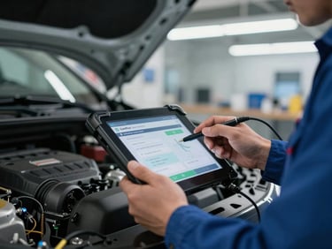 Tight macro shot of a certified mechanic using a digital diagnostic tablet connected to a modern car engine bay under bright fluorescent workshop lights.