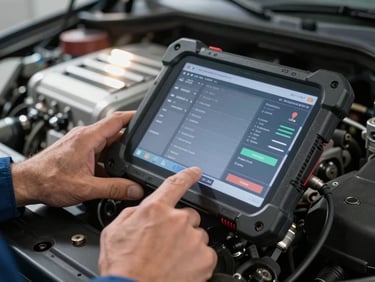 Tight macro shot of a mechanic's hands using a heavy-duty diagnostic tablet connected to an engine bay, bright overhead workshop lighting reflecting off metallic surfaces.