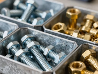 Macro detail of steel hex bolts and brass hardware organized in clean steel bins, high contrast workshop light, sharp focus