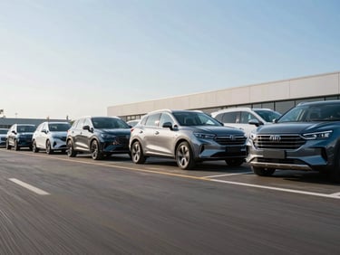 Wide environmental shot of a modern dealership lot with several late-model vehicles neatly arranged, crisp daylight, low horizon.