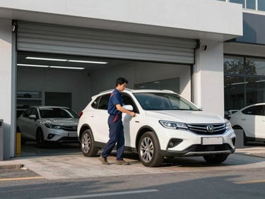 Professional driver delivering a freshly cleaned vehicle to a modern repair shop entrance, high-contrast cool tones, 35mm.