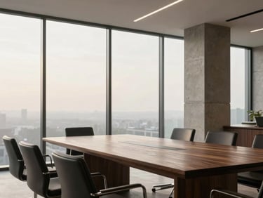 Sophisticated corporate boardroom with a dark walnut table, structural concrete pillars, floor-to-ceiling glass windows with soft overcast light