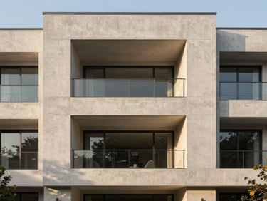 Frontal architectural photography of a minimalist high-end residential facade, clean concrete lines, warm golden hour sunlight casting long soft shadows, geometric harmony.
