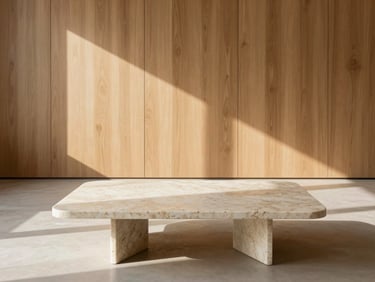 Warm minimalist living room with a travertine marble coffee table, raw oak paneling, soft natural daylight casting long shadows, 35mm