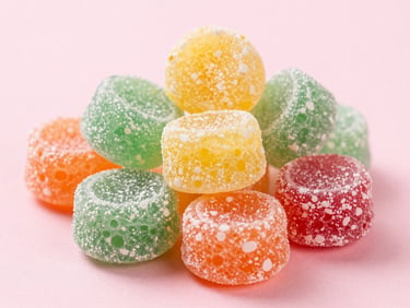 Bright high-key product photography of expanded, porous freeze-dried candies on a saturated pastel pink background, sharp macro focus, crisp studio light, detailed texture