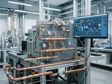 Crisp industrial photography of a clean thermal testing laboratory, copper piping manifolds, and digital schematics on screens under clinical white light, 35mm