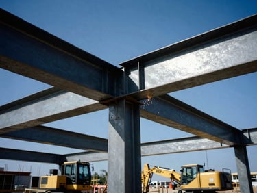 Large structural steel beams being assembled on a construction site, heavy machinery, clear blue sky, focus on robust connections, natural outdoor Texas sunlight.