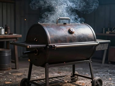 Heavy-gauge custom BBQ pit, dark steel finish, smoke rising, outdoor setting, dramatic lighting.