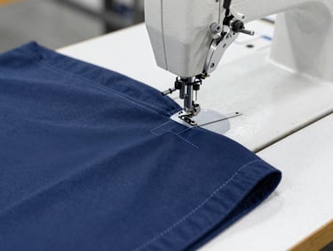 Close-up of high-quality navy blue jacket stitching on a heavy-duty sewing machine, bright workspace lighting, sharp fabric texture