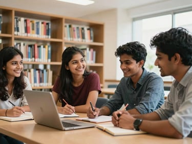 Bright, high-key daylight shot of ambitious Indian university students collaborating in a modern institute library, smiling and focused.
