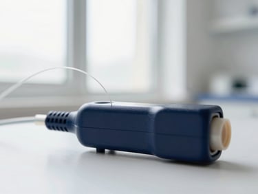 Close-up of a cochlear implant processor with fine wires, sterile clinical background, bright natural window light, sharp focus, 50mm