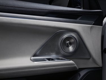 Close-up of a high-end car door panel with custom speaker grille, premium audio installation, clean lines, professional finish, dramatic studio lighting