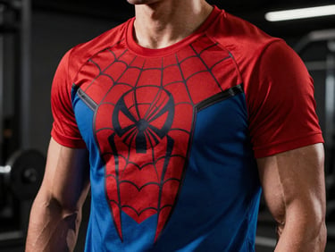 Athletic model in a gym wearing a red and blue Spiderman t-shirt, highlighting the athletic fit and shoulder drape, high-contrast lighting