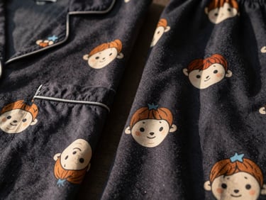 Close-up of matching couple pajamas with cartoon character prints, soft cotton texture, warm morning light, shallow depth of field