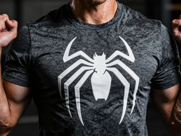 Athlete lifting weights wearing a dark grey t-shirt with a white raised spider emblem, sweat-glistening, action shot