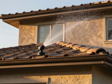 An integrated Wetline autonomous sprinkler system mounted discreetly on a premium home roofline, spraying a fine mist under golden California sunlight.