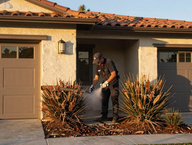 A professional technician applying eco-friendly fire-retardant treatment to dry brush and perimeter soil near a Malibu home.
