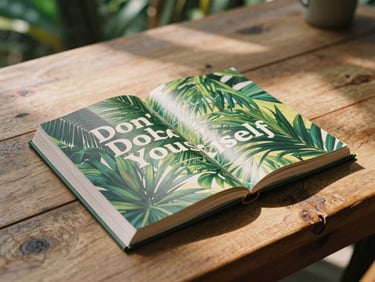 A physical guidebook titled Don't Doubt Yourself lying open on a rustic wooden desk, soft shadows, tropical daylight.