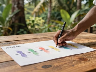 Hands collaborating over a colorful project timeline chart on a wooden table in Roseau, warm tropical daylight.