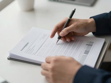 Close-up of hands reviewing financial spreadsheets on a clean desk, soft natural daylight, muted navy and warm grey tones, shallow depth of field, 35mm