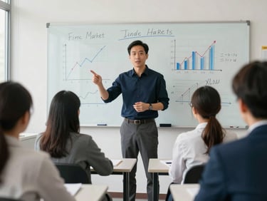 A professional instructor explaining financial market mechanics on a whiteboard to a focused group of adult students, bright natural daylight, corporate classroom setting.