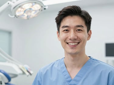 Close-up portrait of professional male dental hygienist David in clean scrubs, smiling warmly in a bright modern clinic, soft clinical light