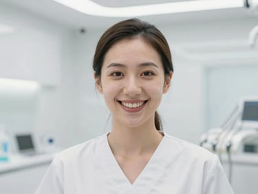 Close-up portrait of professional female dental hygienist Sarah in clean scrubs, smiling warmly in a bright modern clinic, soft clinical light