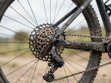 Close-up of a dirty mountain bike cassette and chain covered in trail dust, shallow depth of field