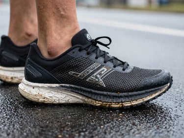 Worn carbon-plate running shoe on wet asphalt, macro detail of the outsole wear, natural overcast daylight