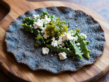 Traditional blue corn tlacoyo on a wooden board, topped with bright green cactus salad, crumbled white cheese, fresh green salsa