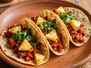 Close-up of three tacos al pastor on a rustic clay plate, vibrant red achiote marinade, fresh pineapple chunks, cilantro, warm afternoon light